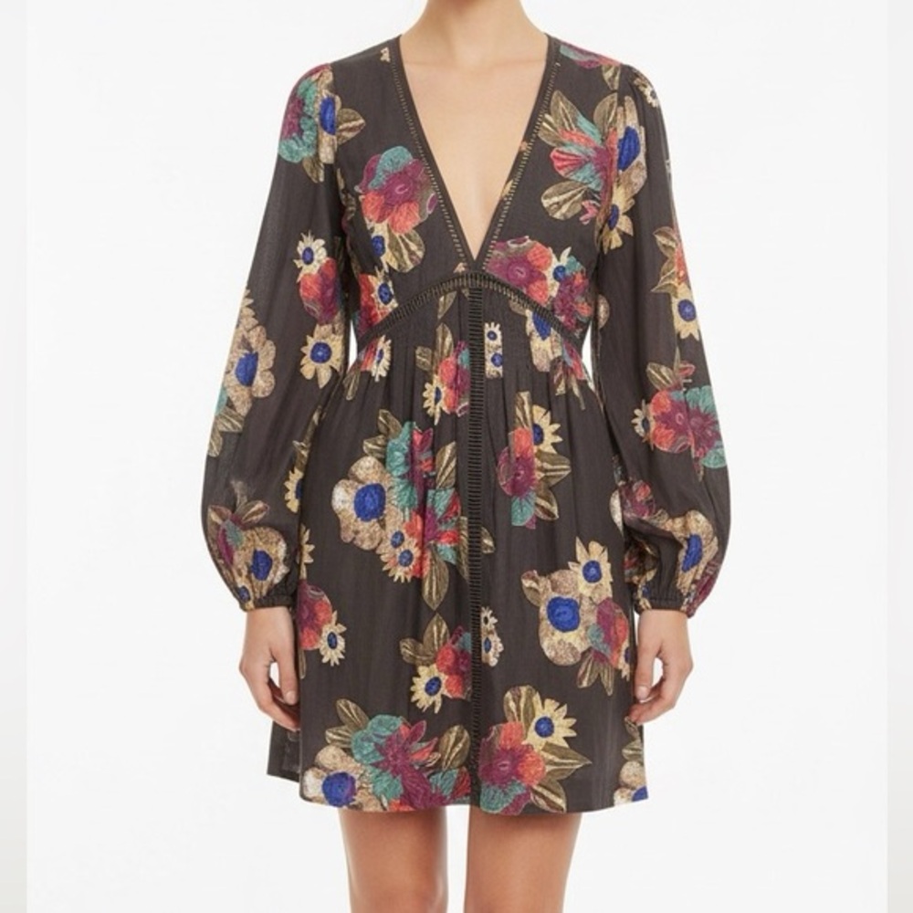 Free People Black Floral Mini Dress with Gold, Blue, Red and Green Accents